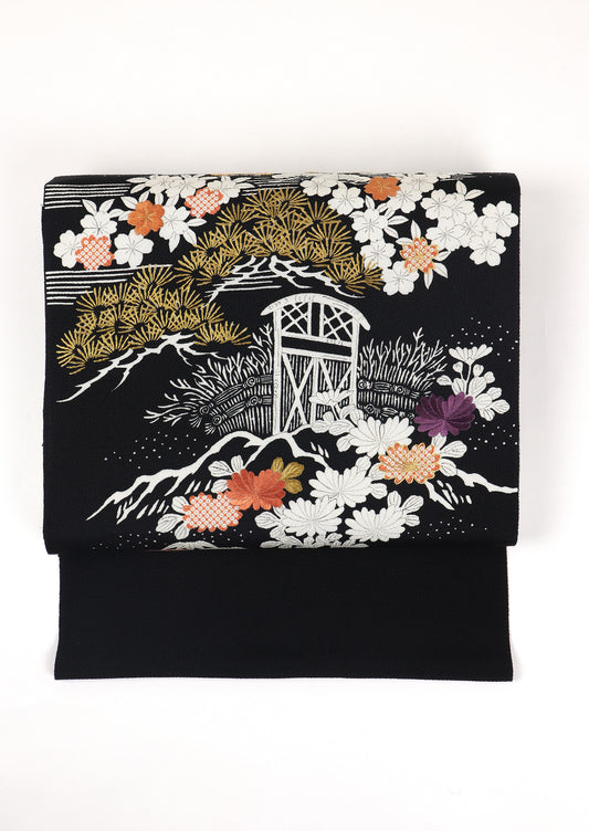 縮緬 御所解帯 黒地 枝折戸 No.82825