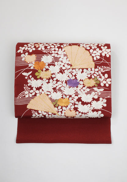 縮緬　御所解帯　臙脂地　桧扇秋草　No.82745