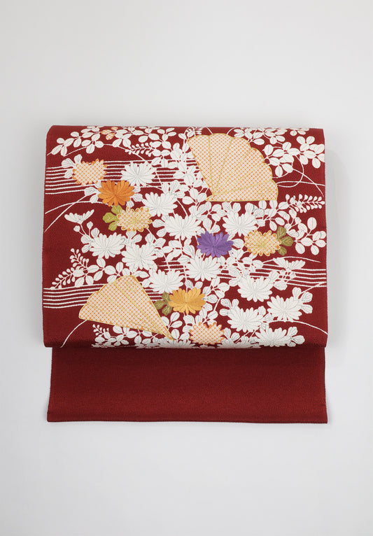 縮緬　御所解帯　臙脂地　桧扇秋草　No.82745