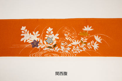 縮緬　御所解帯　朱地　秋草づくし  No.82497