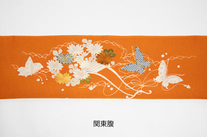 縮緬　御所解帯　朱地　花車  No.82538　