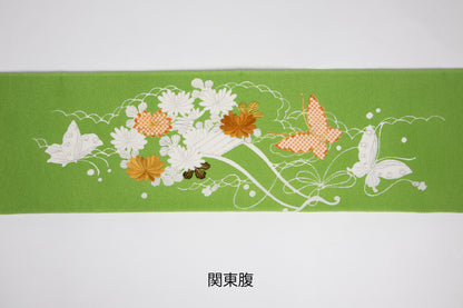縮緬　御所解帯　緑地　花車　No.82573