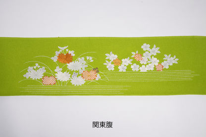 縮緬　御所解帯　鶸地　枝折戸　No.82574