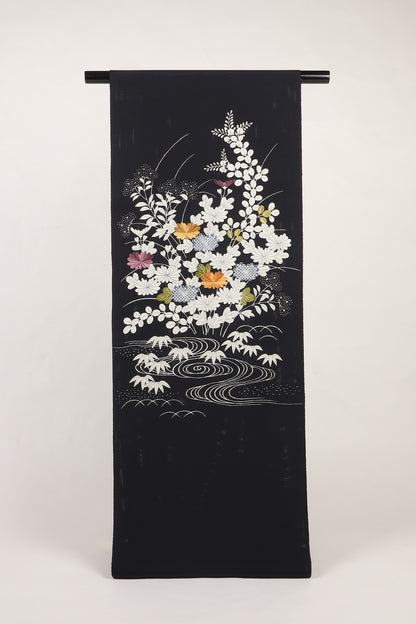 駒絽　夏御所解帯　黒地　秋草づくし　No.82628
