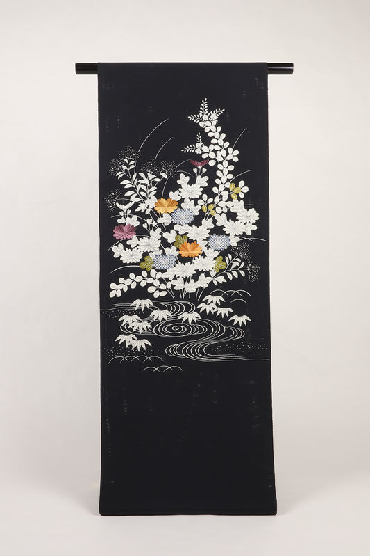 駒絽　夏御所解帯　黒地　秋草づくし　No.82628