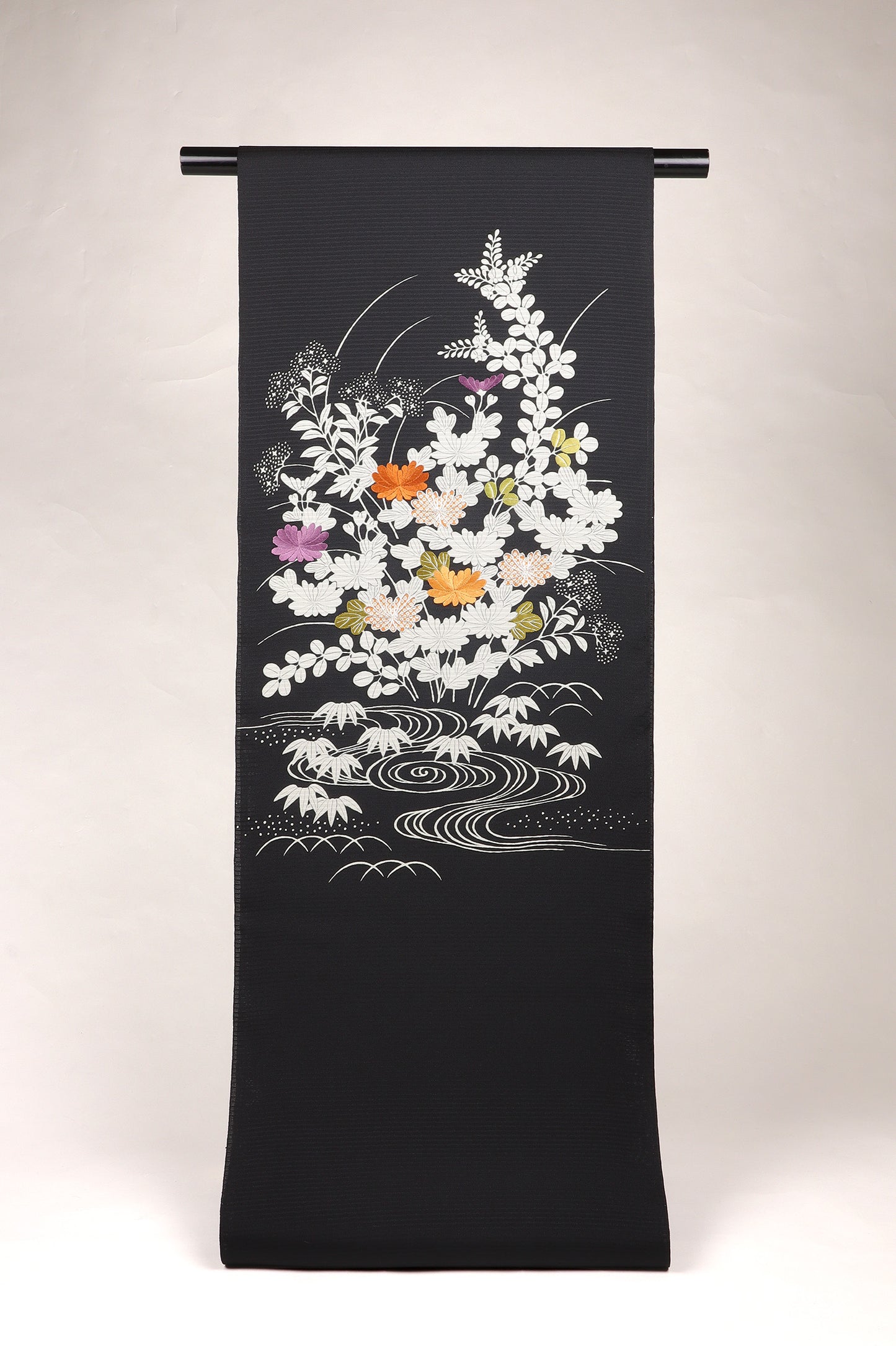 夏紬　夏御所解帯　黒地　秋草づくし　No.82660