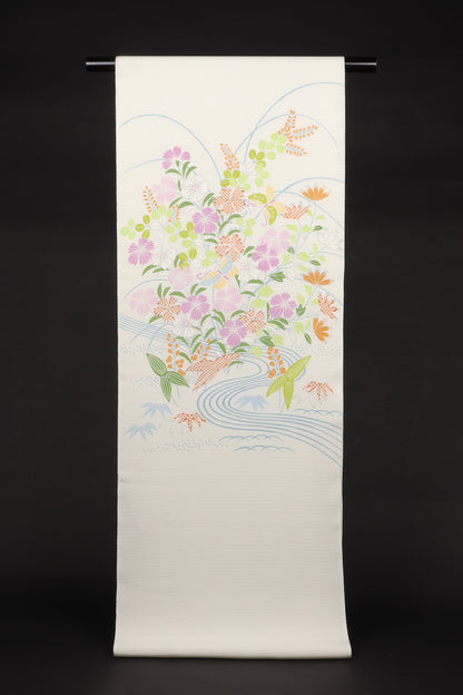 駒絽　夏御所解帯　白地　撫子蝶　No.82681　