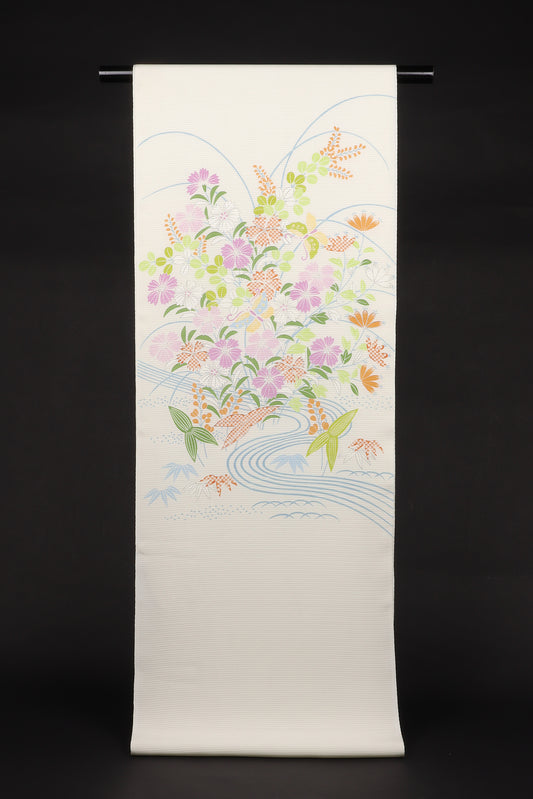 駒絽　夏御所解帯　白地　撫子蝶　No.82681　