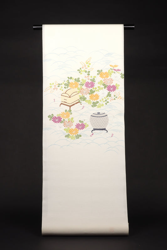 夏紬　夏御所解帯　白地　虫籠　No.82682