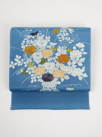 縮緬　御所解帯　青地　花籠　No.82694