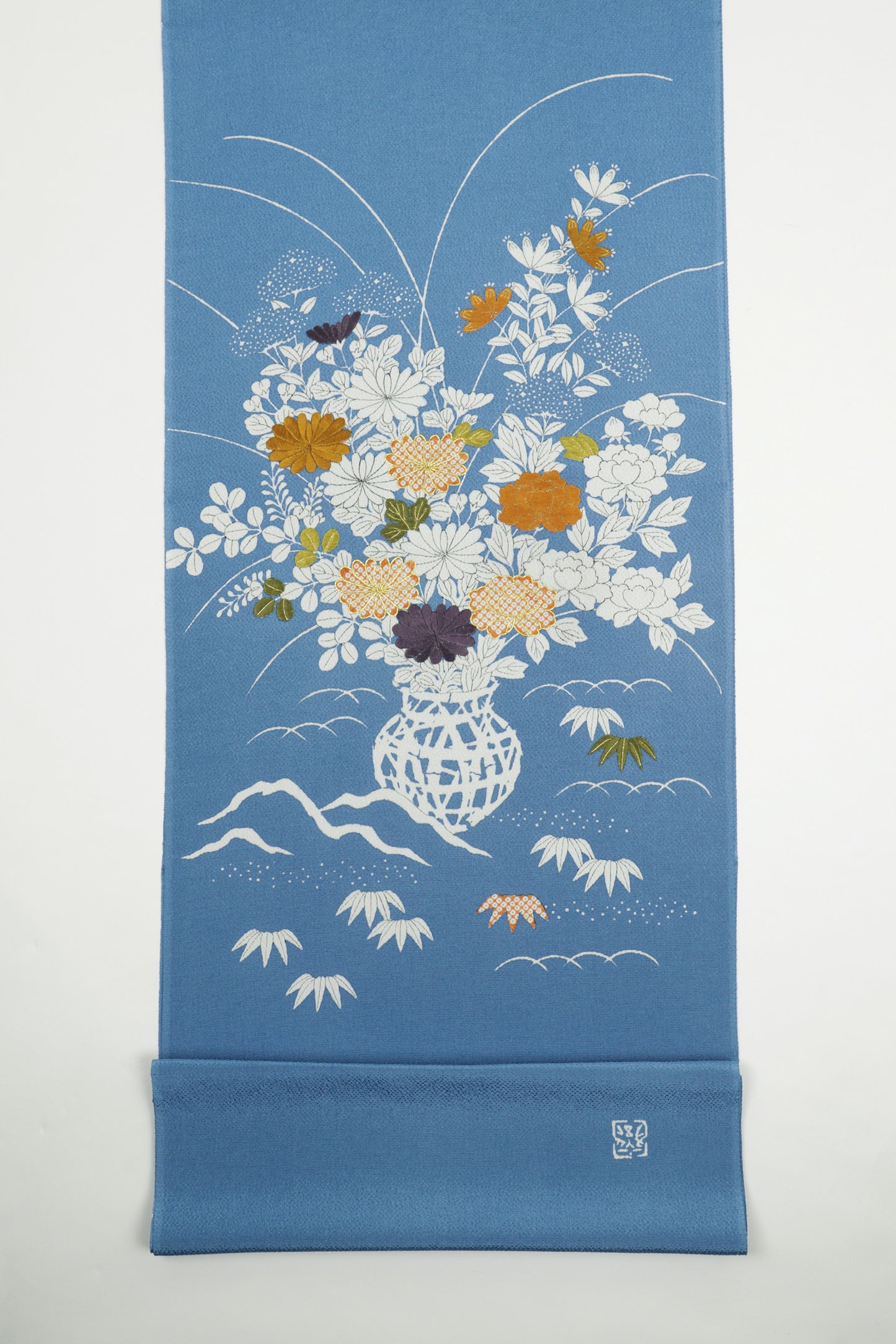 縮緬　御所解帯　青地　花籠　No.82694