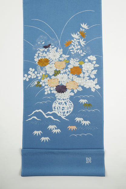 縮緬　御所解帯　青地　花籠　No.82694