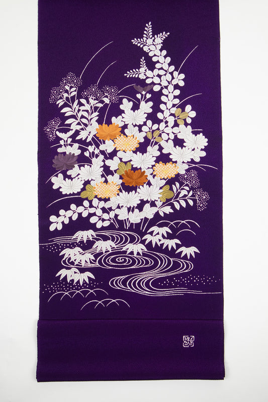 縮緬　御所解帯　紫地　秋草づくし　No.82695