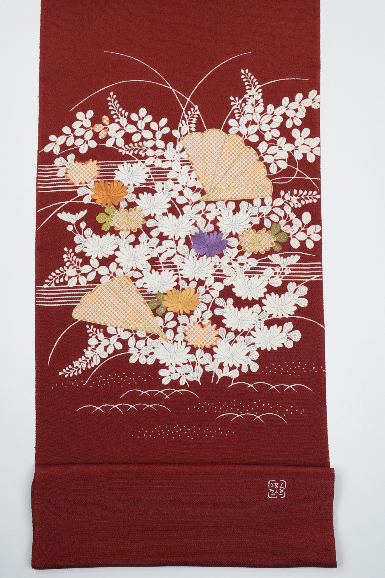縮緬　御所解帯　臙脂地　桧扇秋草　No.82745
