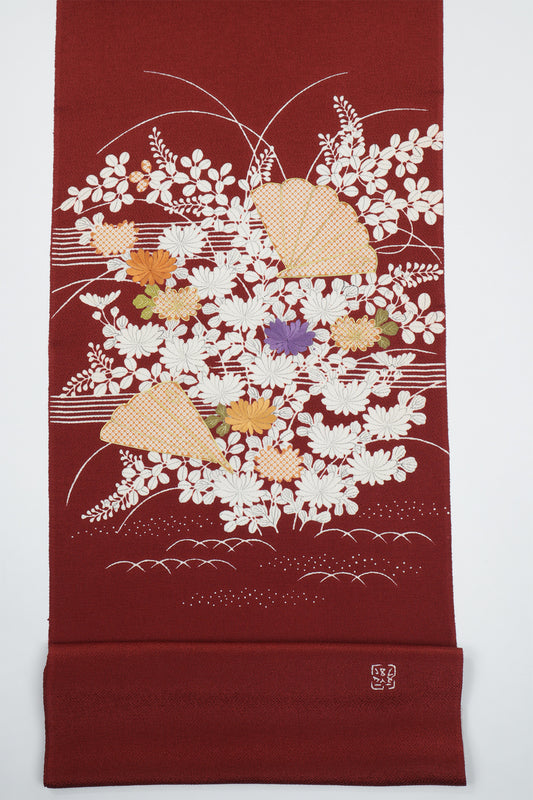 縮緬　御所解帯　臙脂地　桧扇秋草　No.82745