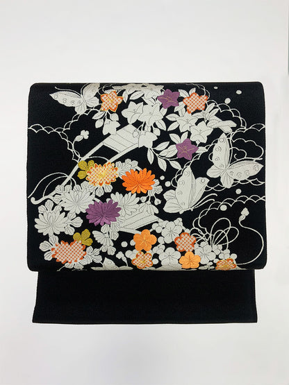 縮緬　御所解帯　黒地　花車　No.82750