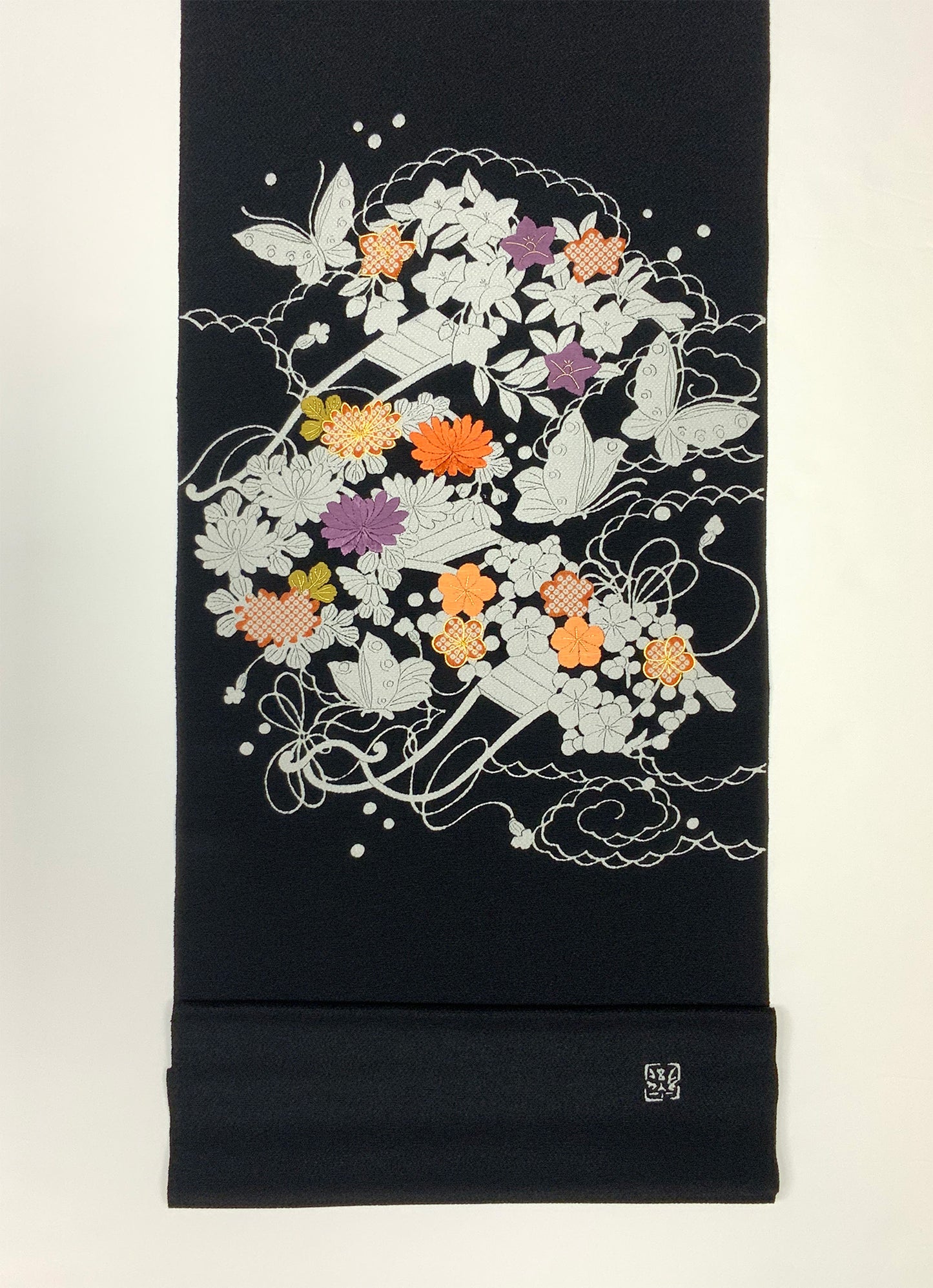 縮緬　御所解帯　黒地　花車　No.82750