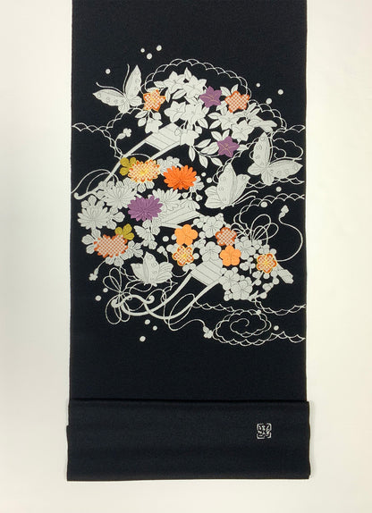 縮緬　御所解帯　黒地　花車　No.82750
