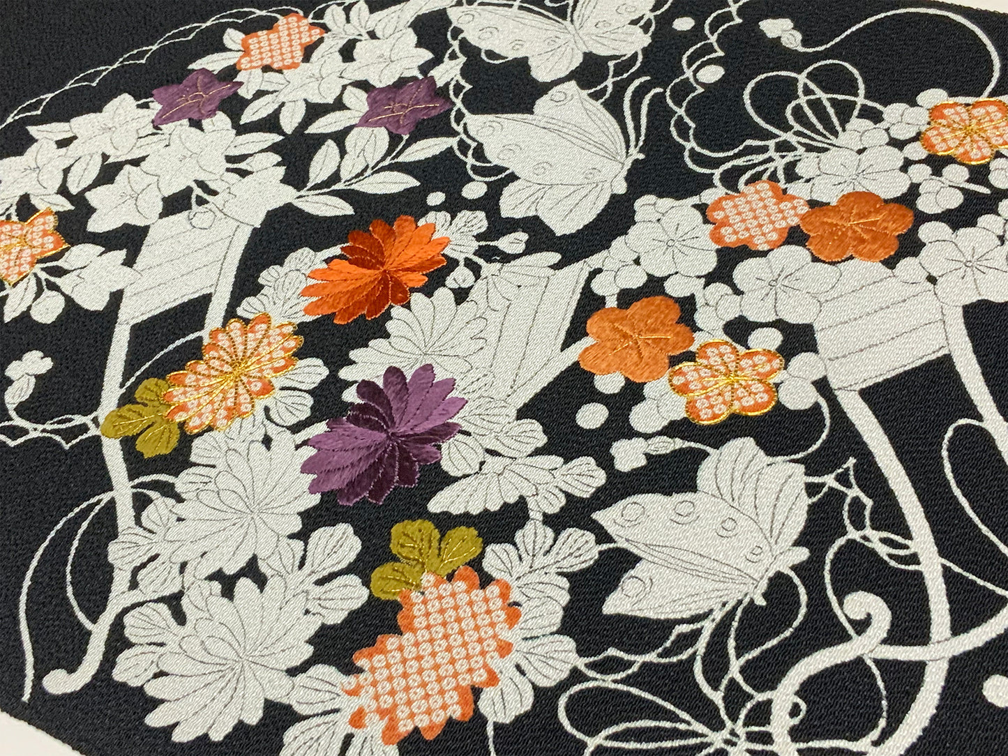 縮緬　御所解帯　黒地　花車　No.82750