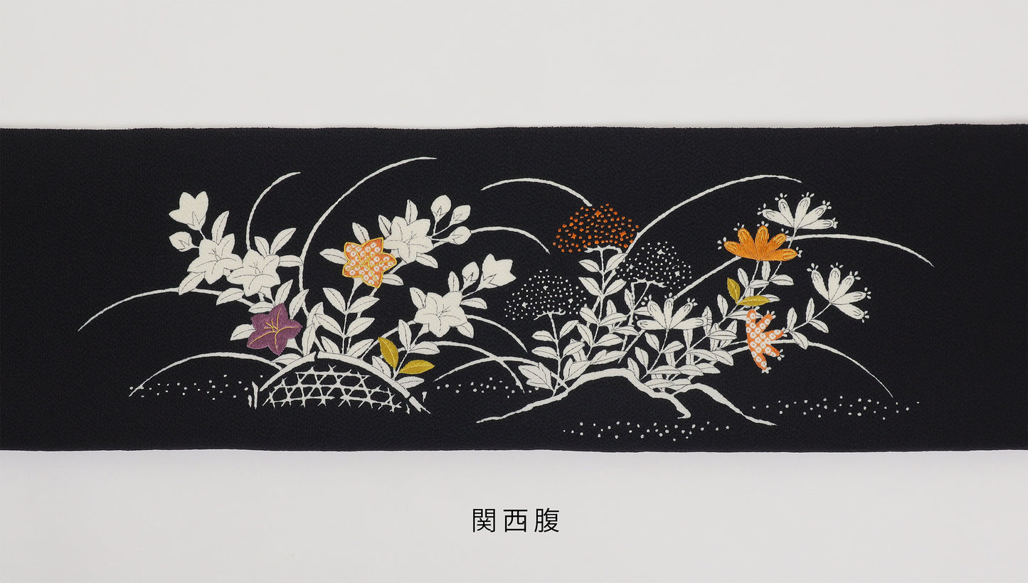 縮緬　御所解帯　黒地　花籠　No.82781