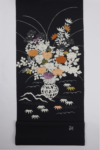 縮緬　御所解帯　黒地　花籠　No.82781