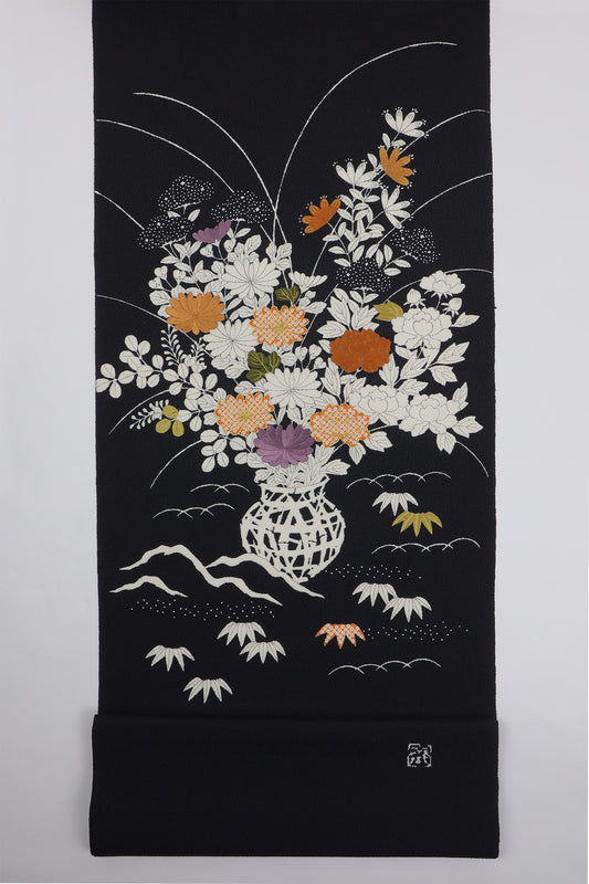 縮緬　御所解帯　黒地　花籠　No.82781