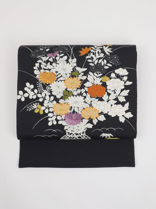 縮緬　御所解帯　黒地　花籠　No.82781