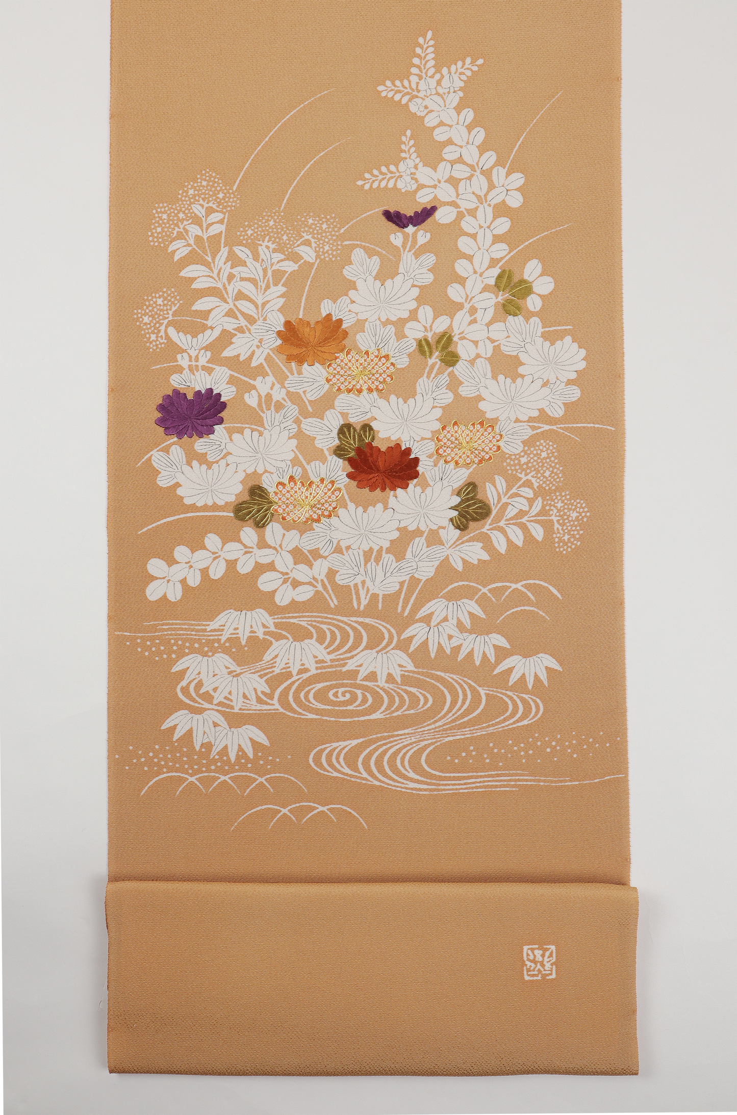 縮緬　御所解帯　白茶地　秋草尽くし　No.82822