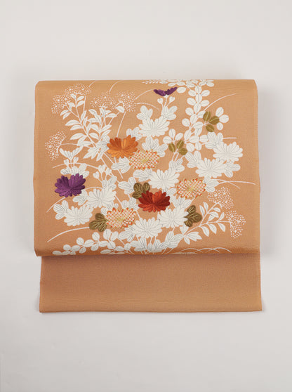 縮緬　御所解帯　白茶地　秋草尽くし　No.82822