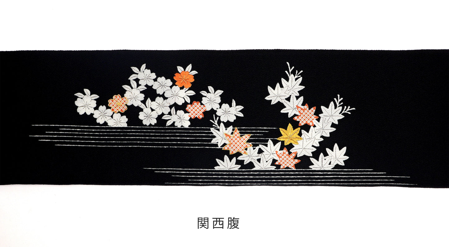 縮緬　御所解帯　黒地　枝折戸　No.82825