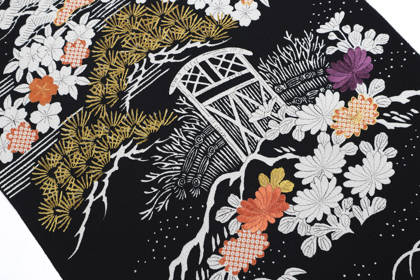 縮緬　御所解帯　黒地　枝折戸　No.82825