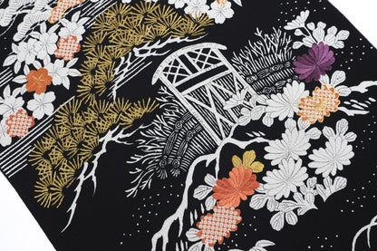 縮緬　御所解帯　黒地　枝折戸　No.82825