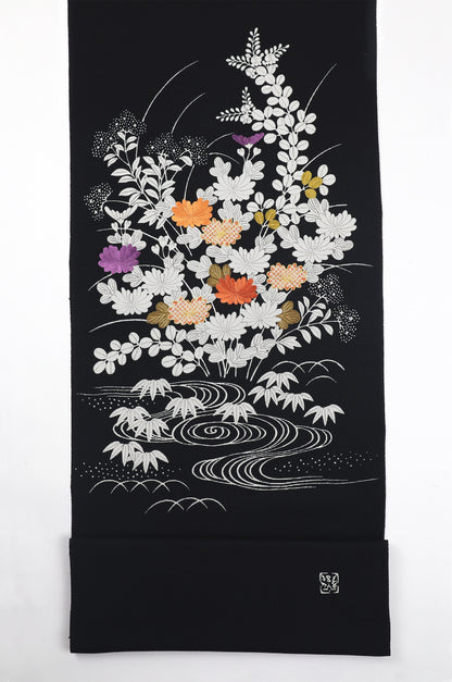 縮緬　御所解帯　黒地　秋草尽くし　No.82831