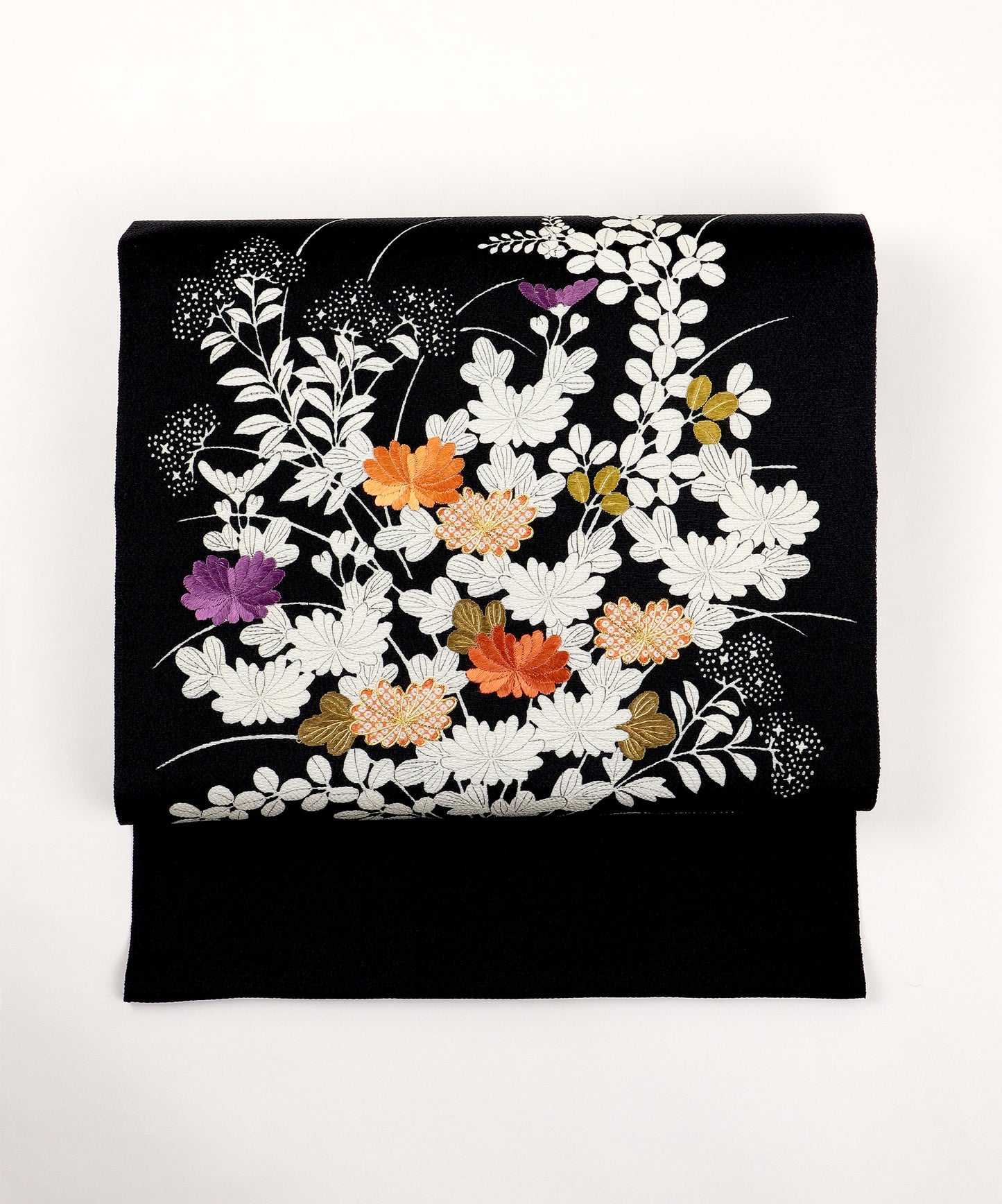 縮緬　御所解帯　黒地　秋草尽くし　No.82831