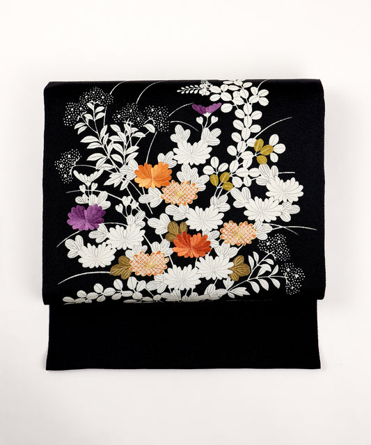 縮緬　御所解帯　黒地　秋草尽くし　No.82831