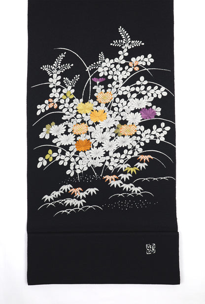 縮緬　御所解帯　黒地　復刻版　No.82879