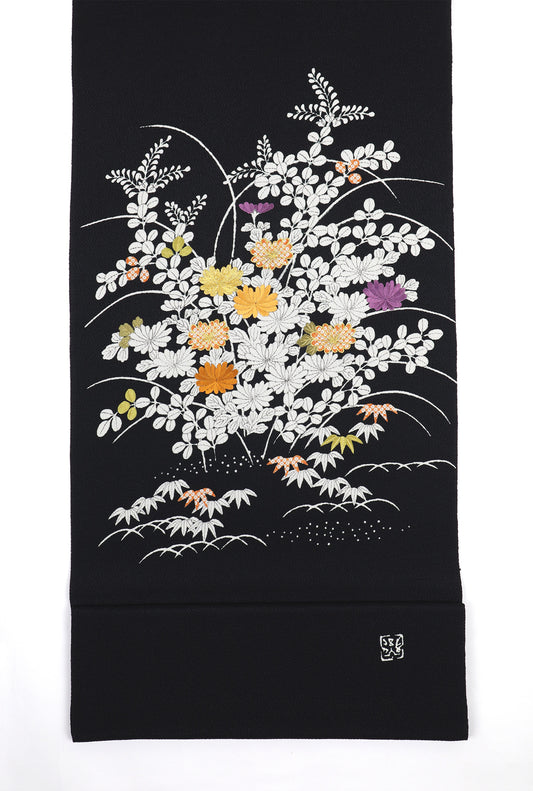 縮緬　御所解帯　黒地　復刻版　No.82879