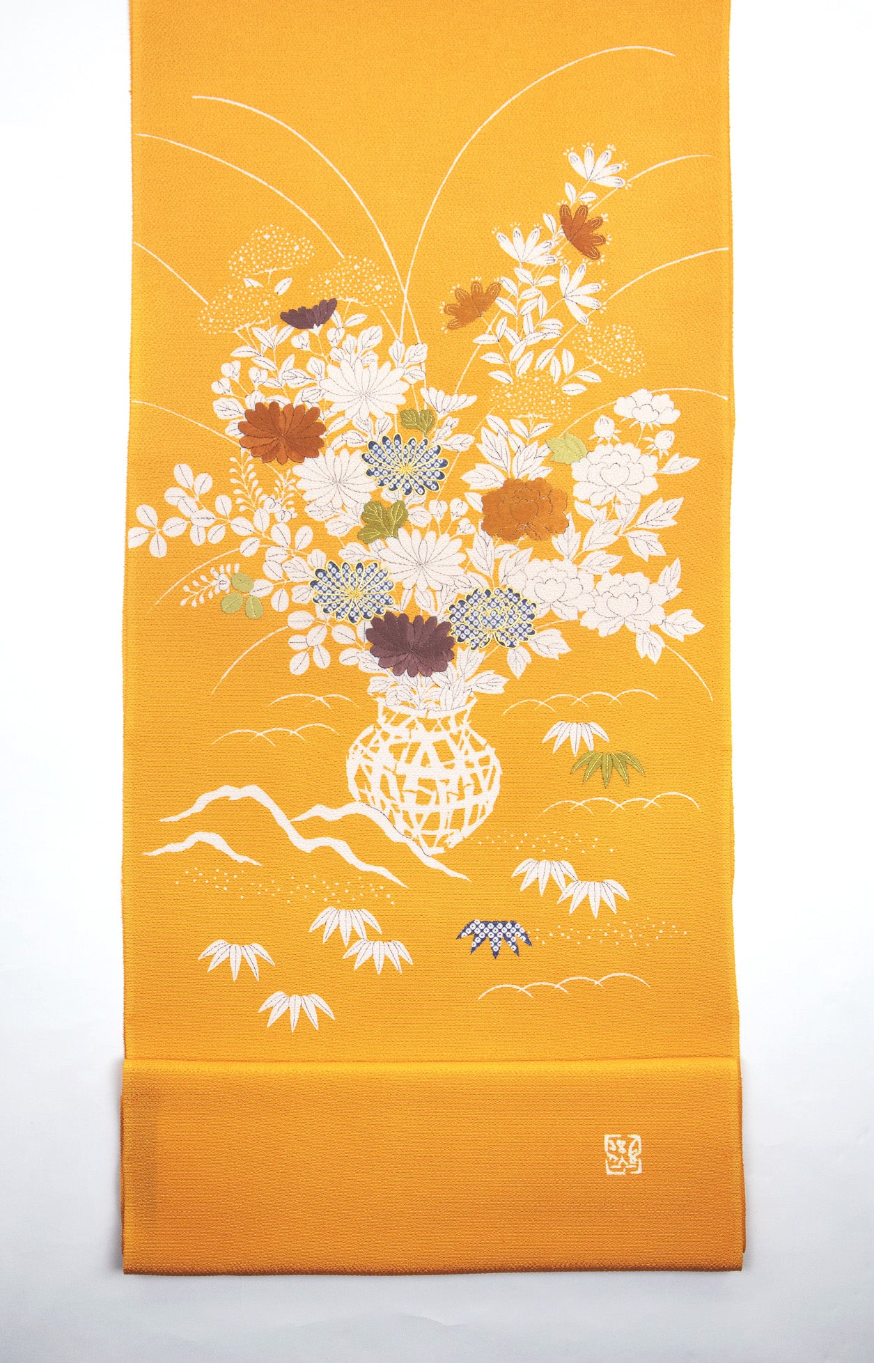 縮緬　御所解帯　橙地　花籠　No.82925