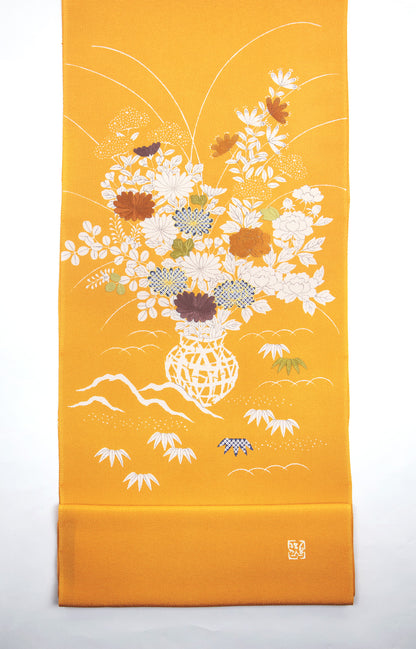 縮緬　御所解帯　橙地　花籠　No.82925