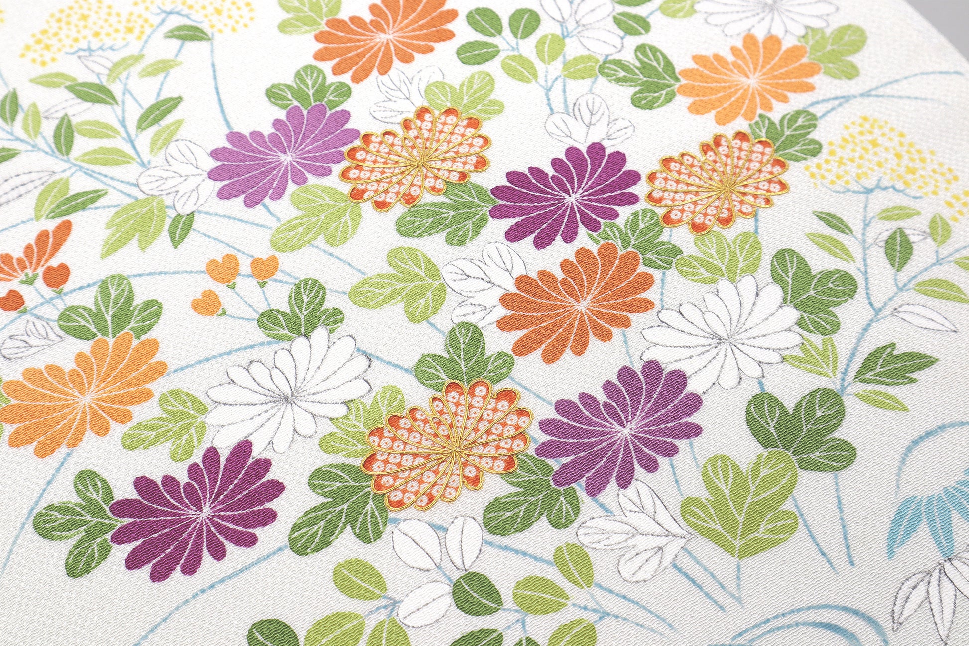 白色の縮緬御所解帯のお太鼓の柄の接写