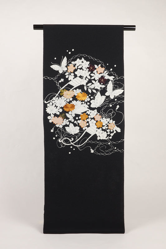 縮緬　御所解帯　黒地　花車　No.82973