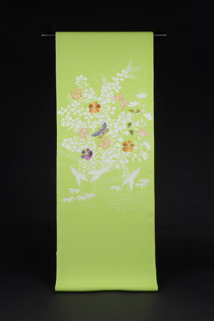駒絽　夏御所解帯　鶸地　撫子蝶　No.83369