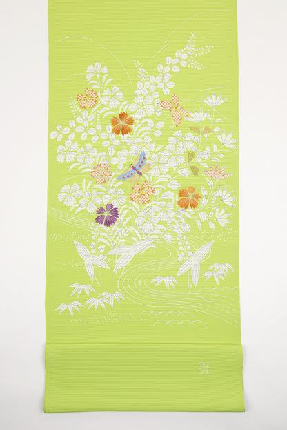 駒絽　夏御所解帯　鶸地　撫子蝶　No.83369