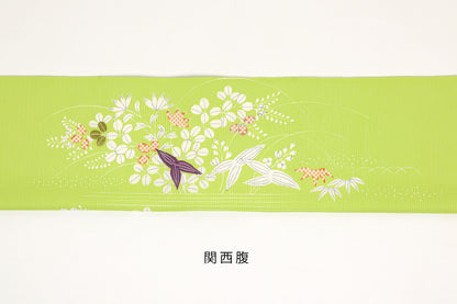 駒絽　夏御所解帯　鶸地　撫子蝶　No.83369