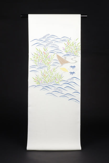 駒絽　夏御所解帯　白地　芦に舟　No.83450