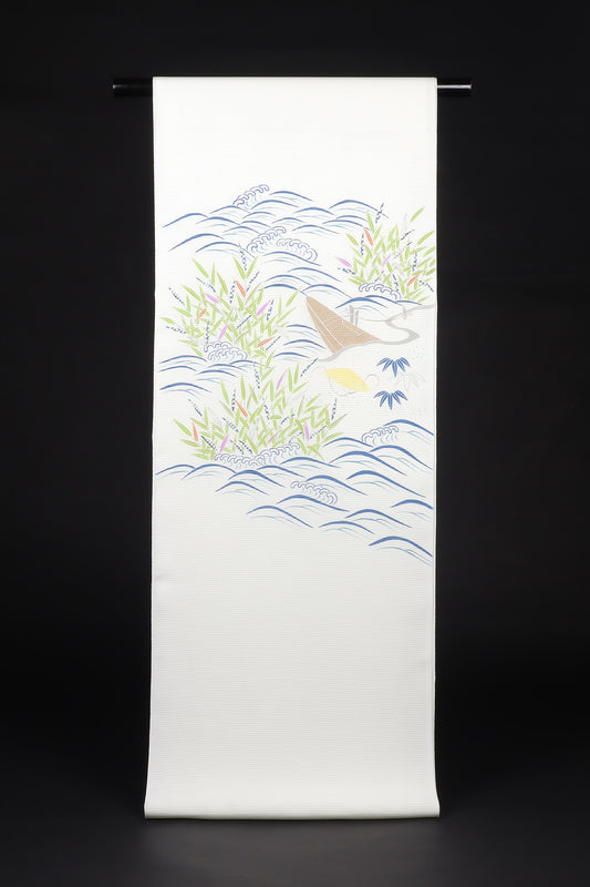 駒絽　夏御所解帯　白地　芦に舟　No.83450