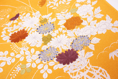 縮緬　御所解帯　橙地　花籠　No.82925