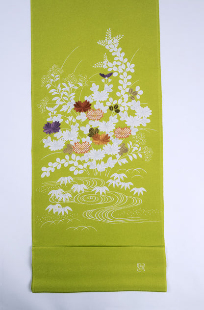 ぎをん齋藤の御所解帯 秋草づくし 鶸地 縮緬