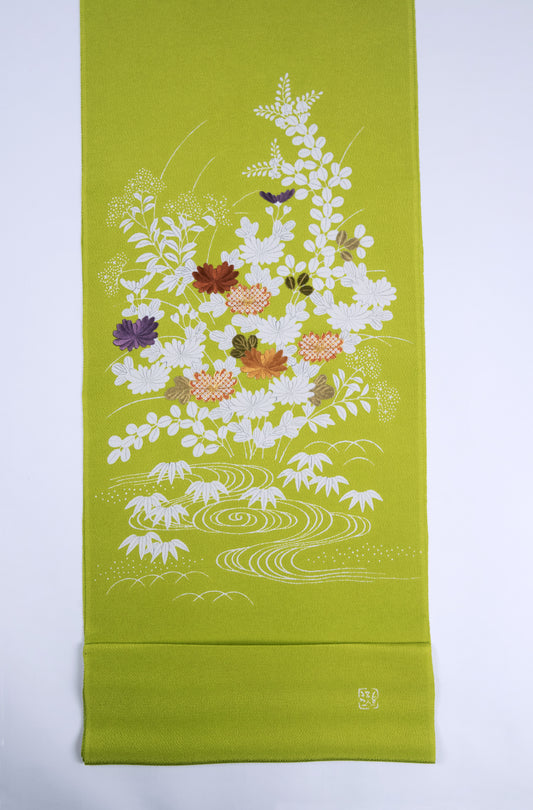 ぎをん齋藤の御所解帯 秋草づくし 鶸地 縮緬