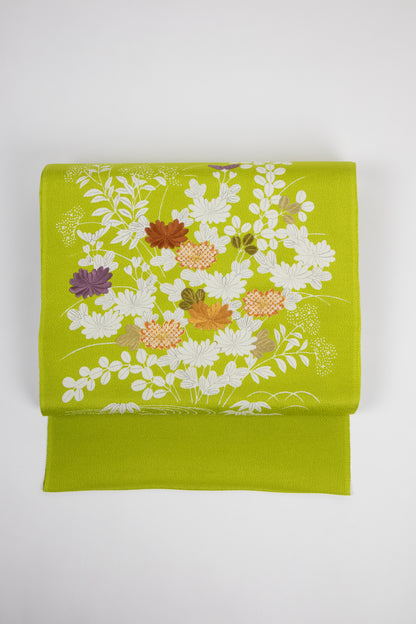 ぎをん齋藤の御所解帯 秋草づくし 鶸地 縮緬